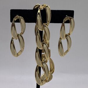 Gold Tone Cream Enamel Link Statement Bracelet & Pierced Earrings Set Vintage